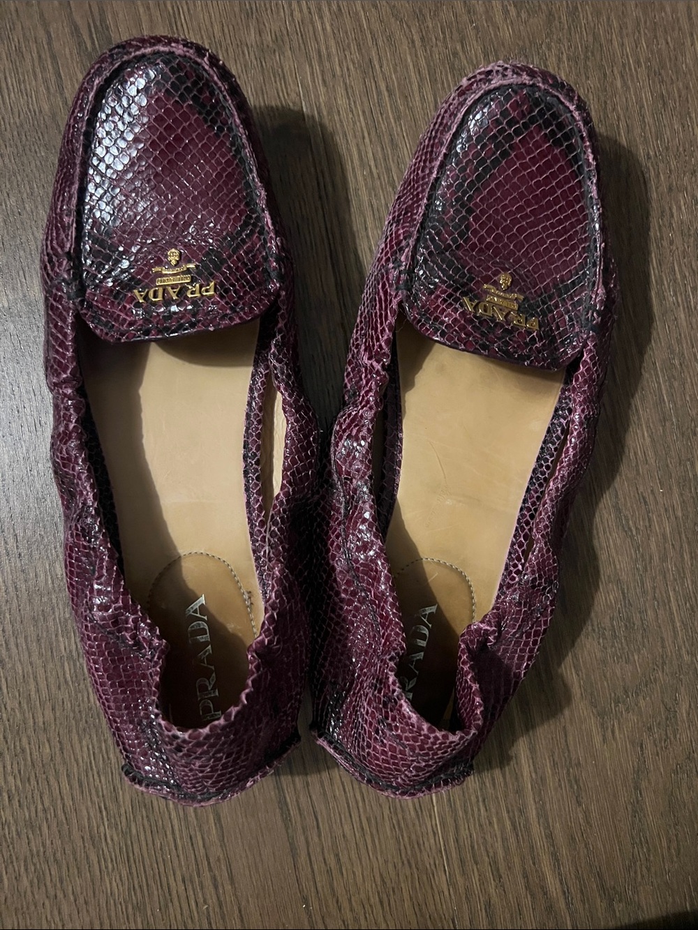 Prada Women’s Burgundy Snakeskin Driving Moccasins